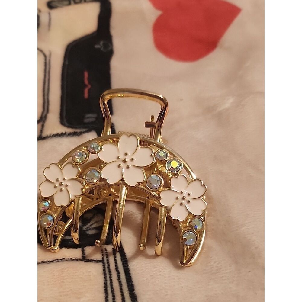 Gold Floral Rhinestone Hair Claw with Light Pink Enamel Cherry Blossoms